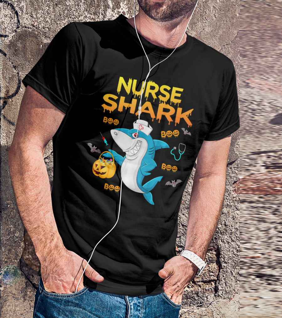 Nurse Shark Halloween Boo Pumpkin Bats Stethoscope T-Shirt