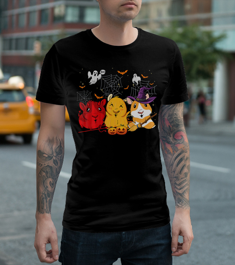 Halloween Funny Guinea Pigs In Costumes With Ghosts And Spiderwebs T-Shirt