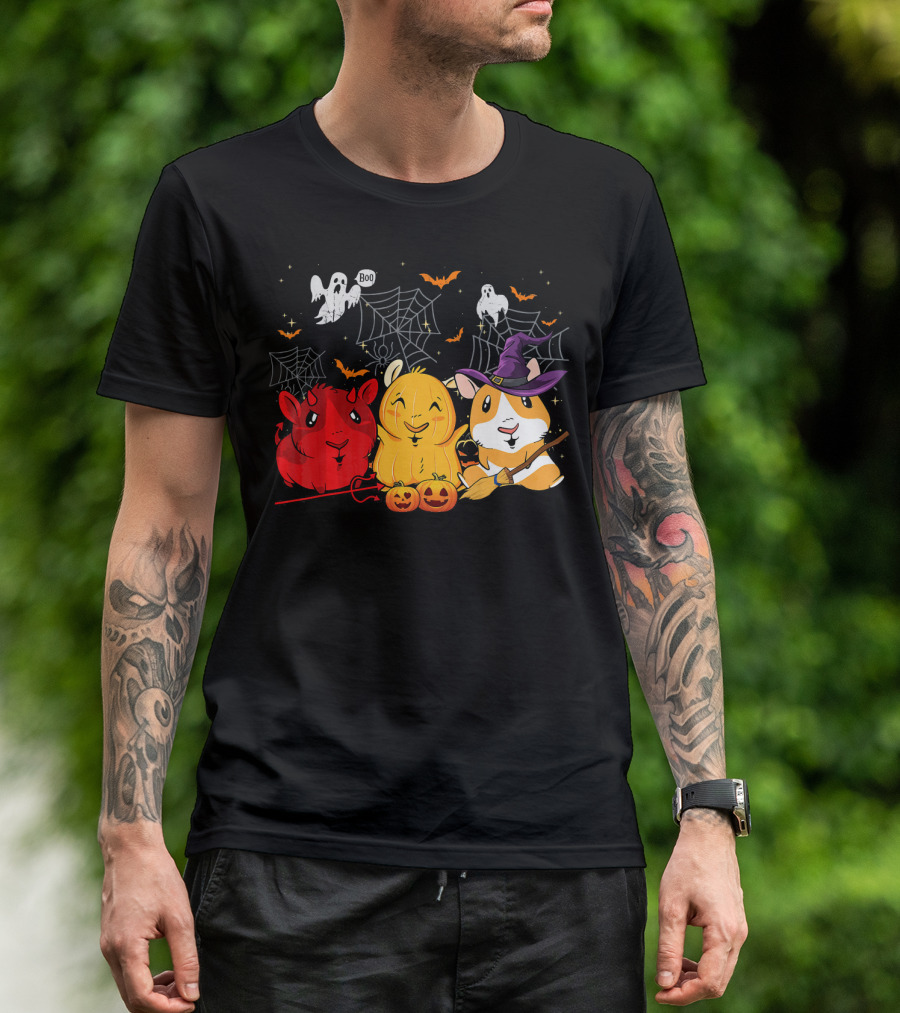 Halloween Funny Guinea Pigs In Costumes With Ghosts And Spiderwebs T-Shirt