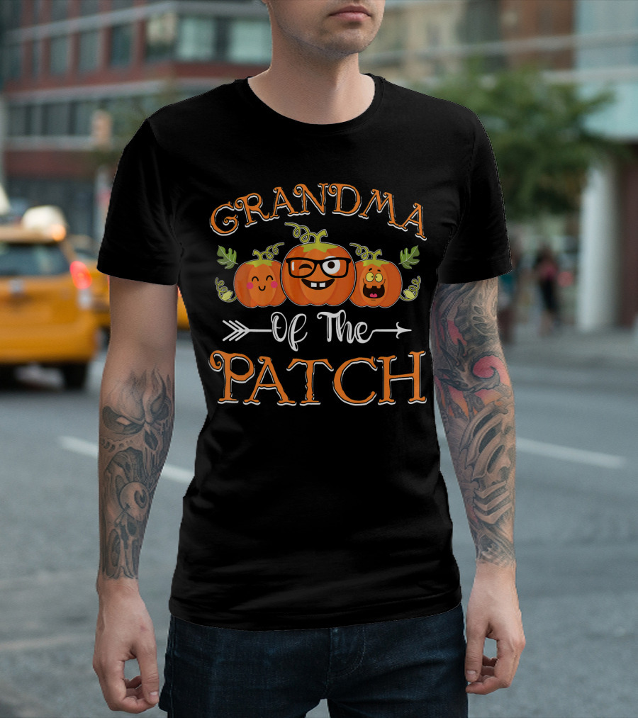 Grandma of The Patch Cute Pumpkin Faces with Glasses and Arrow T-Shirt