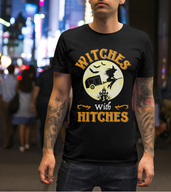 Witches With Hitches Halloween Camper Moon Bats And Witch Hat Broomstick T-Shirt