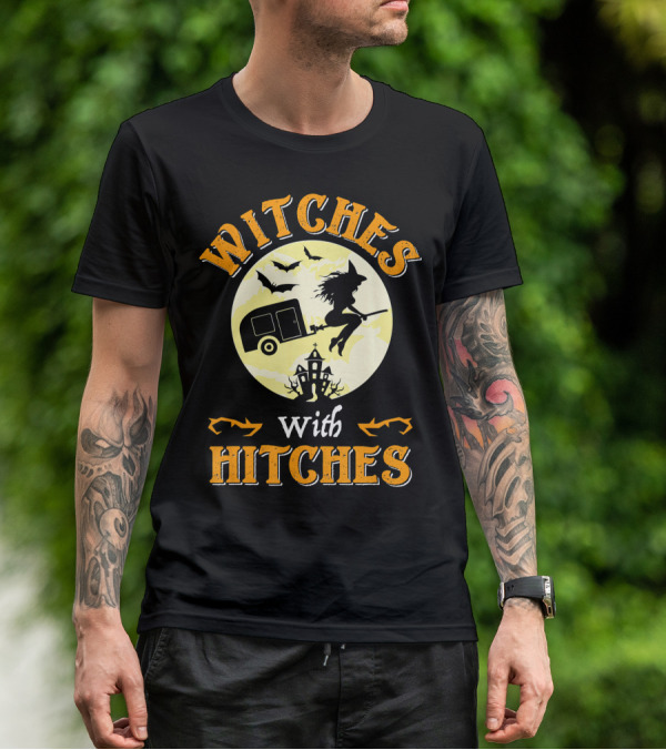 Witches With Hitches Halloween Camper Moon Bats And Witch Hat Broomstick T-Shirt