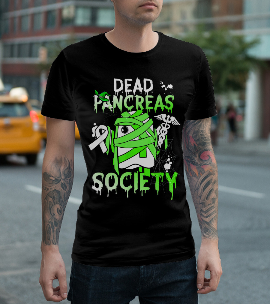 Dead Pancreas Society Halloween Ghost Design with Green Mummy and Medical Symbols T-Shirt