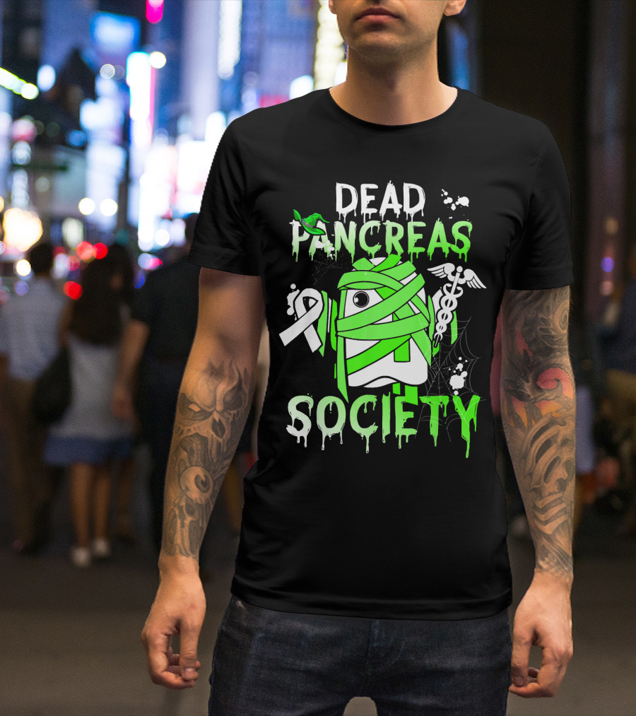 Dead Pancreas Society Halloween Ghost Design With Green Mummy And Medical Symbols T-Shirt