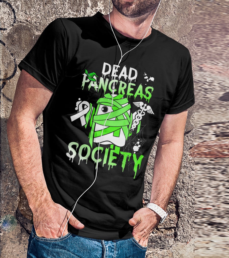 Dead Pancreas Society Halloween Ghost Design With Green Mummy And Medical Symbols T-Shirt