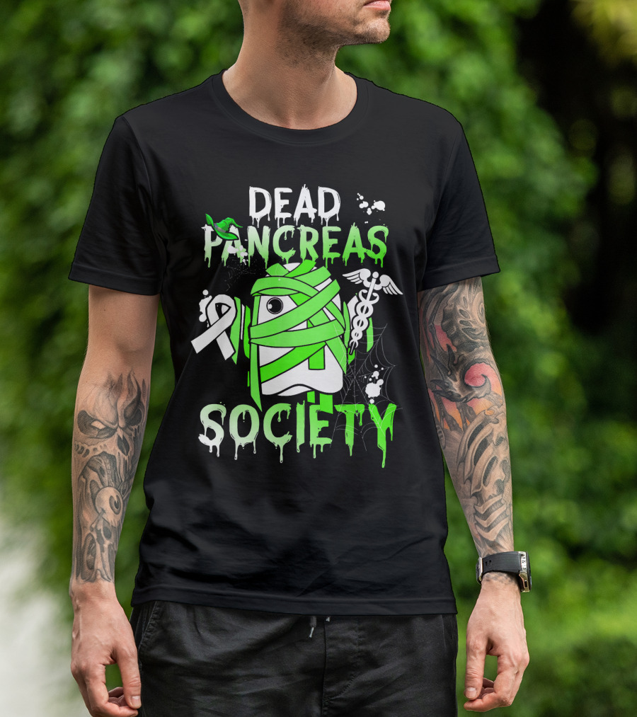 Dead Pancreas Society Halloween Ghost Design With Green Mummy And Medical Symbols T-Shirt