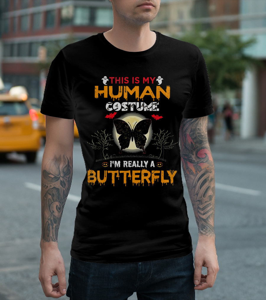 This Is My Human Costume I'm Really A Butterfly Halloween Ghosts Bats Moon Trees T-Shirt