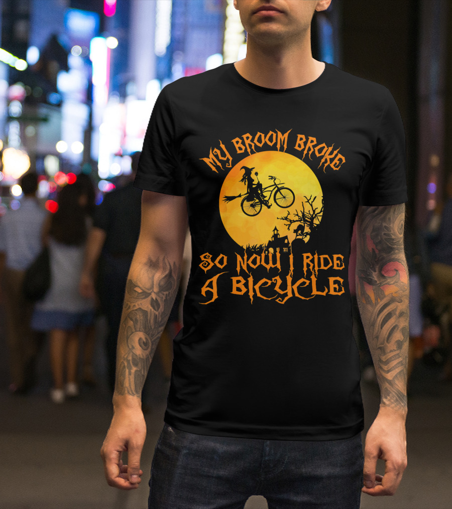 My Broom Broke So Now I Ride A Bicycle Witch Silhouette Full Moon Spooky Scene T-Shirt