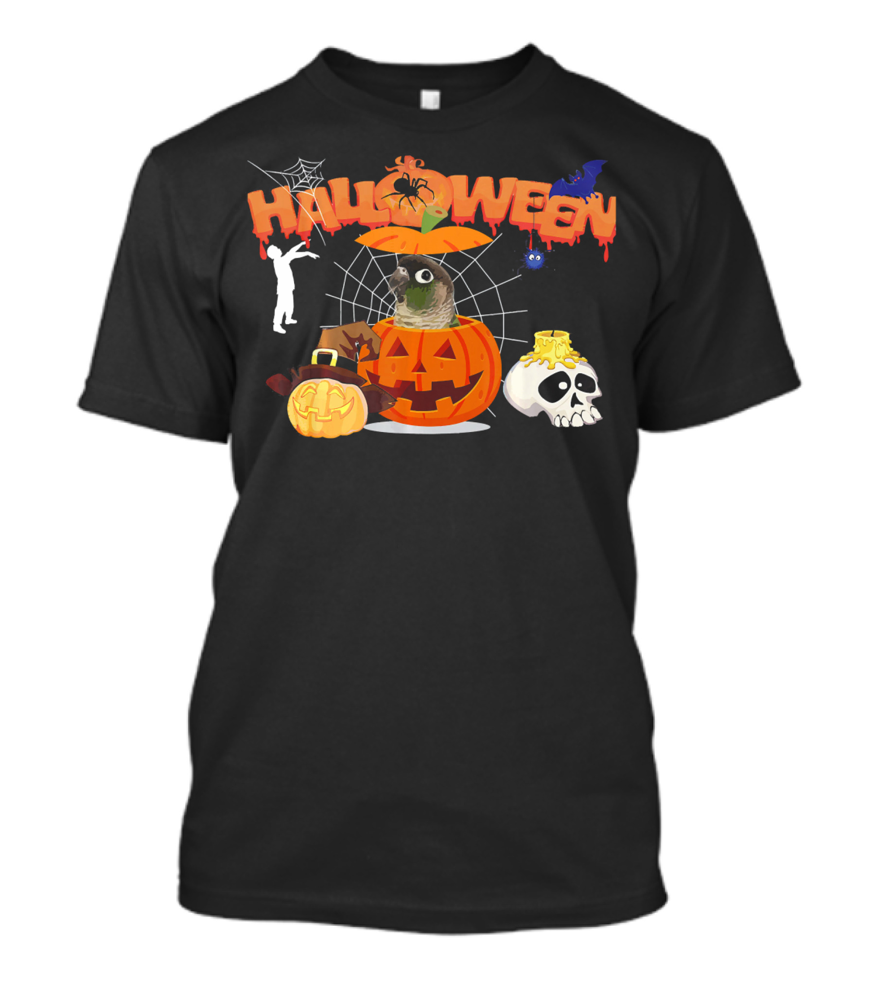 Halloween Green Cheek Conure Pumpkin Witch Zombie Skull Spiderweb T-Shirt