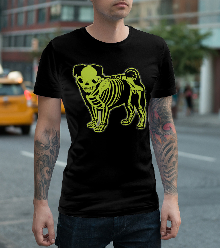 Pug Skeleton Neon Glow Canine Bones T-Shirt