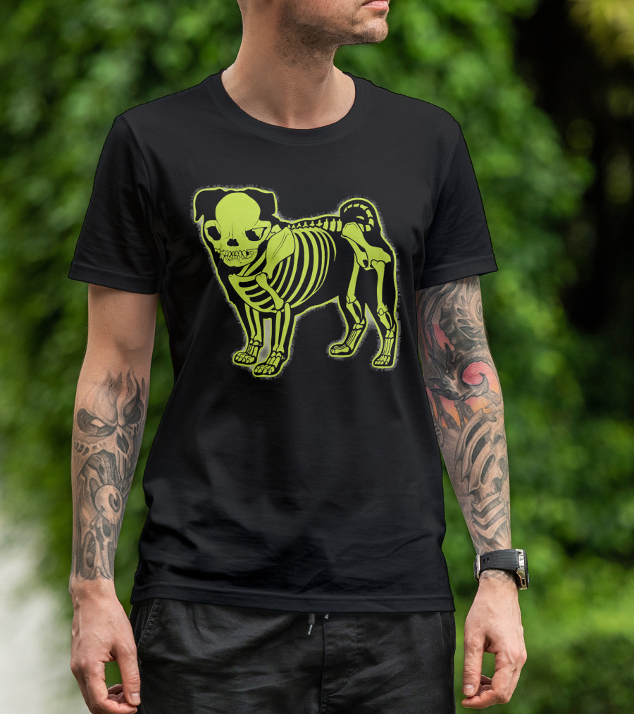 Pug Skeleton Neon Glow Canine Bones T-Shirt