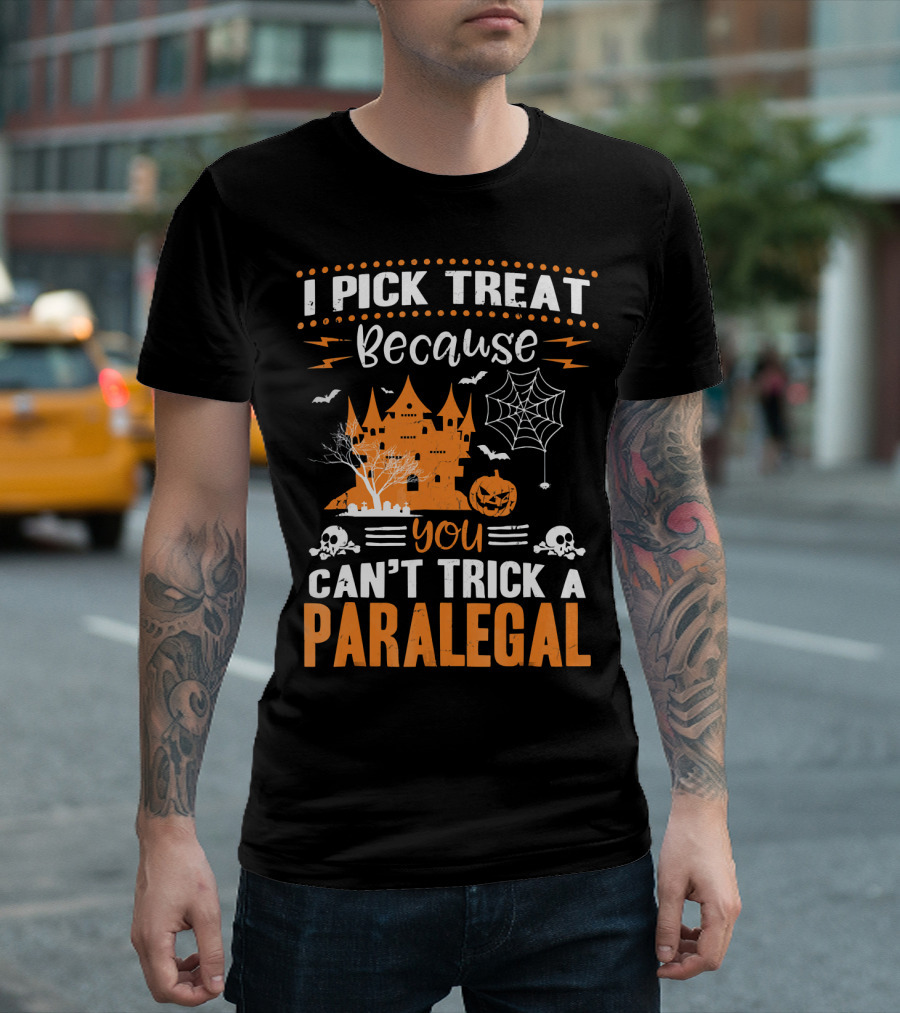 I Pick Treat Because You Can't Trick A Paralegal Halloween Castle Pumpkin Skulls T-Shirt