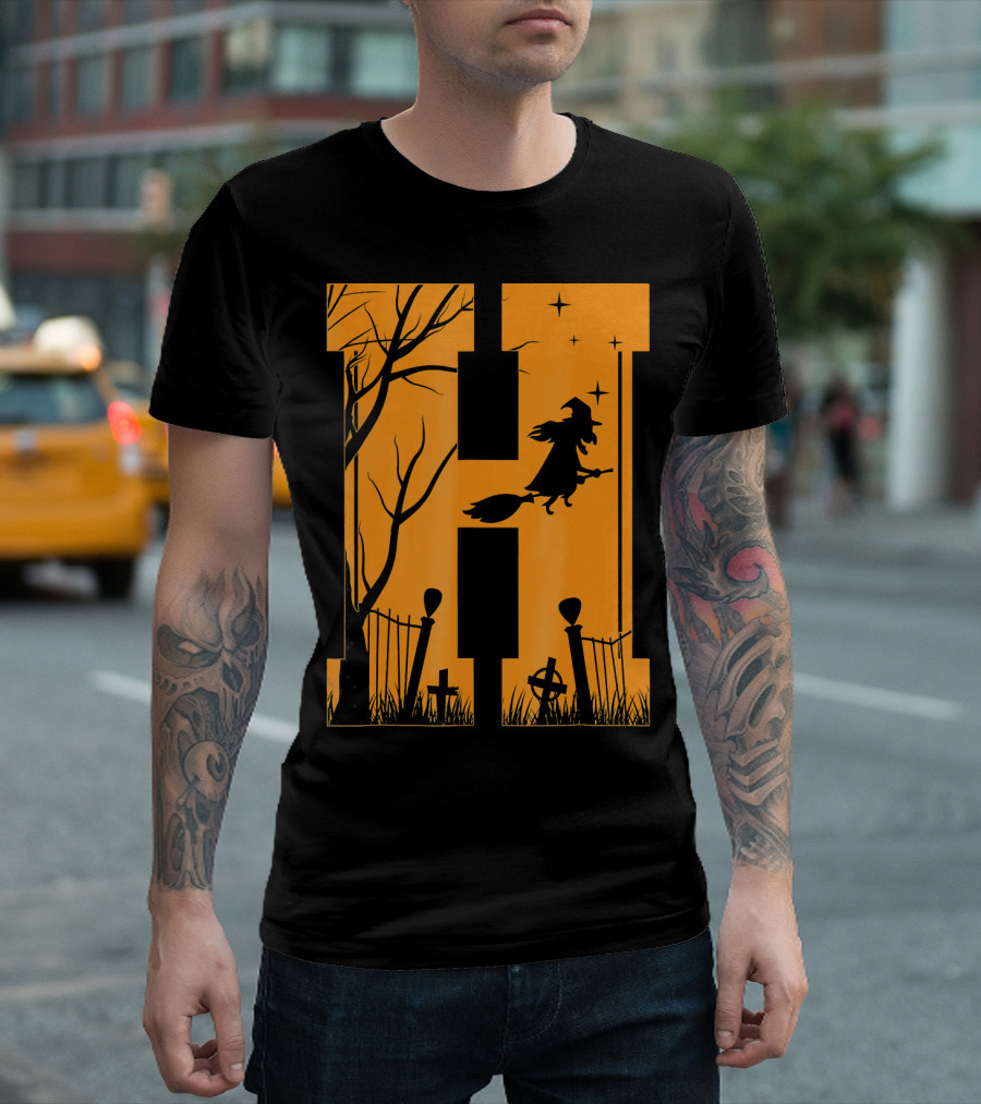 Letter H Halloween Witch Graveyard Scene T-Shirt