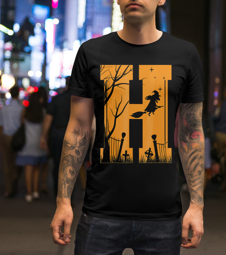 Letter H Halloween Witch Graveyard Scene T-Shirt