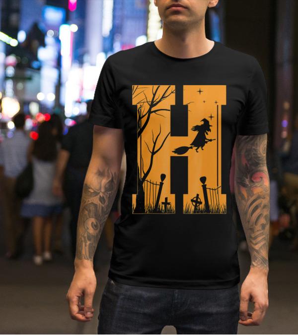 Letter H Halloween Witch Graveyard Scene T-Shirt