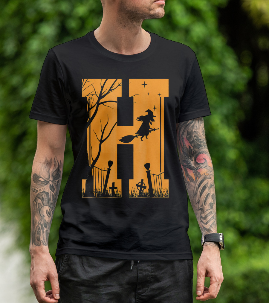 Letter H Halloween Witch Graveyard Scene T-Shirt