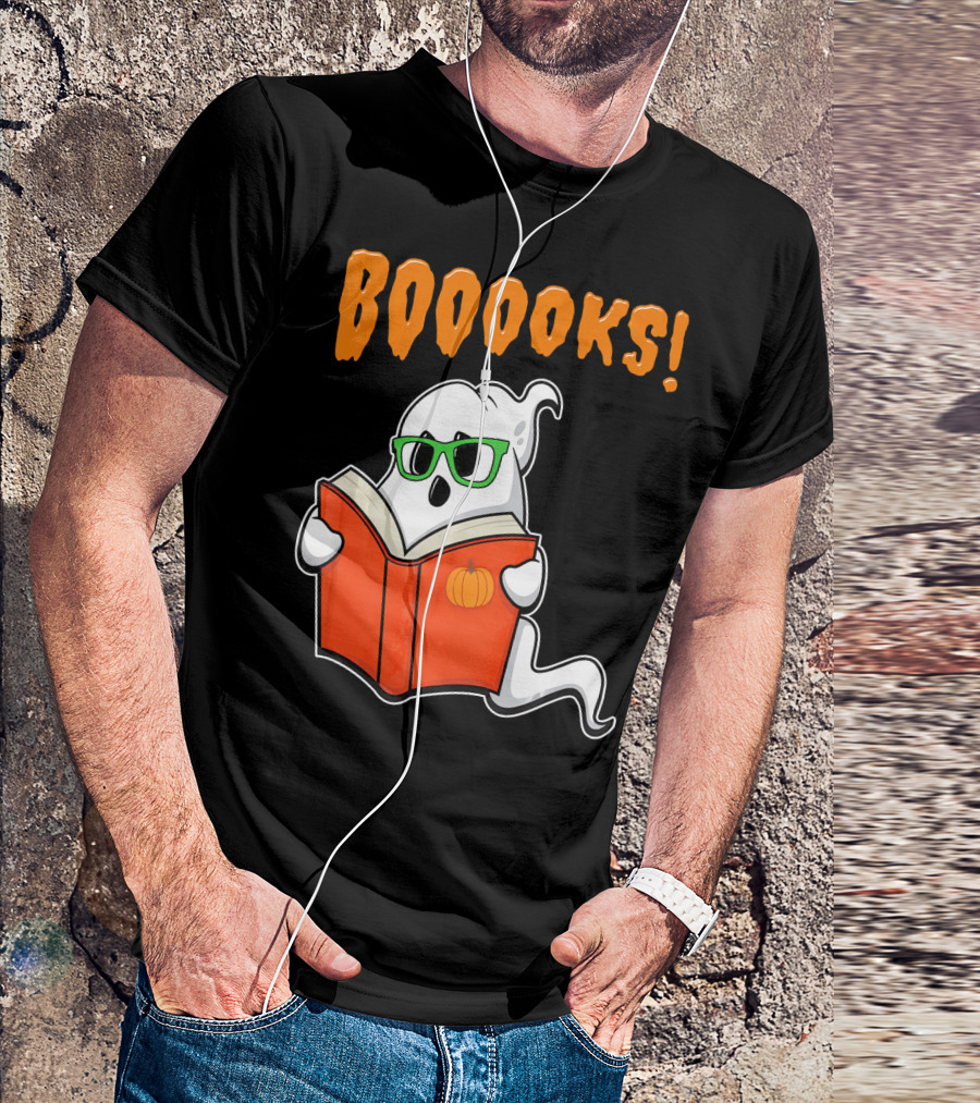 Booooks Ghost With Green Glasses And Pumpkin Book Funny Teacher Halloween T-Shirt