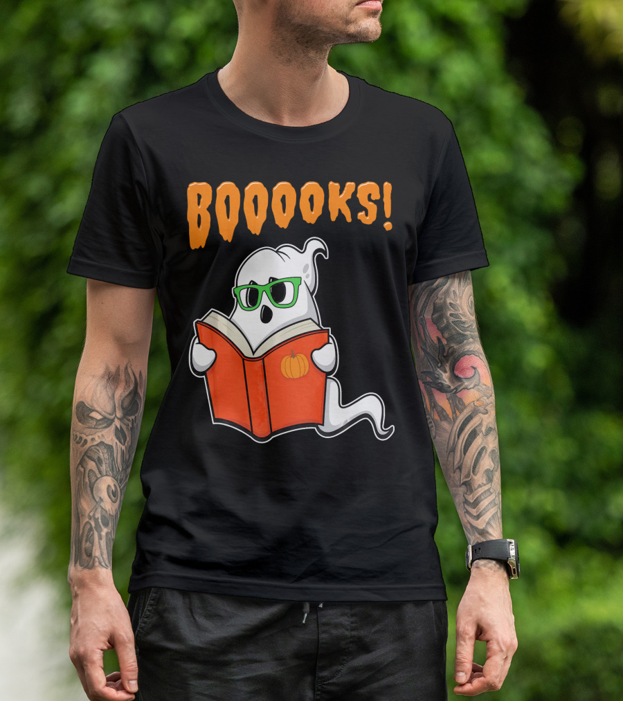 Booooks Ghost With Green Glasses And Pumpkin Book Funny Teacher Halloween T-Shirt