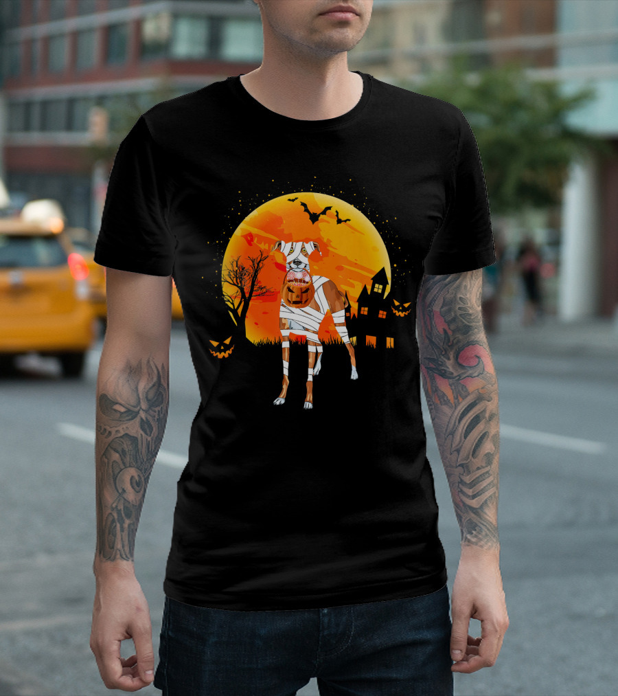 Greyhound Boo Halloween Dog Mummy With Pumpkin Against Full Moon And Haunted House T-Shirt