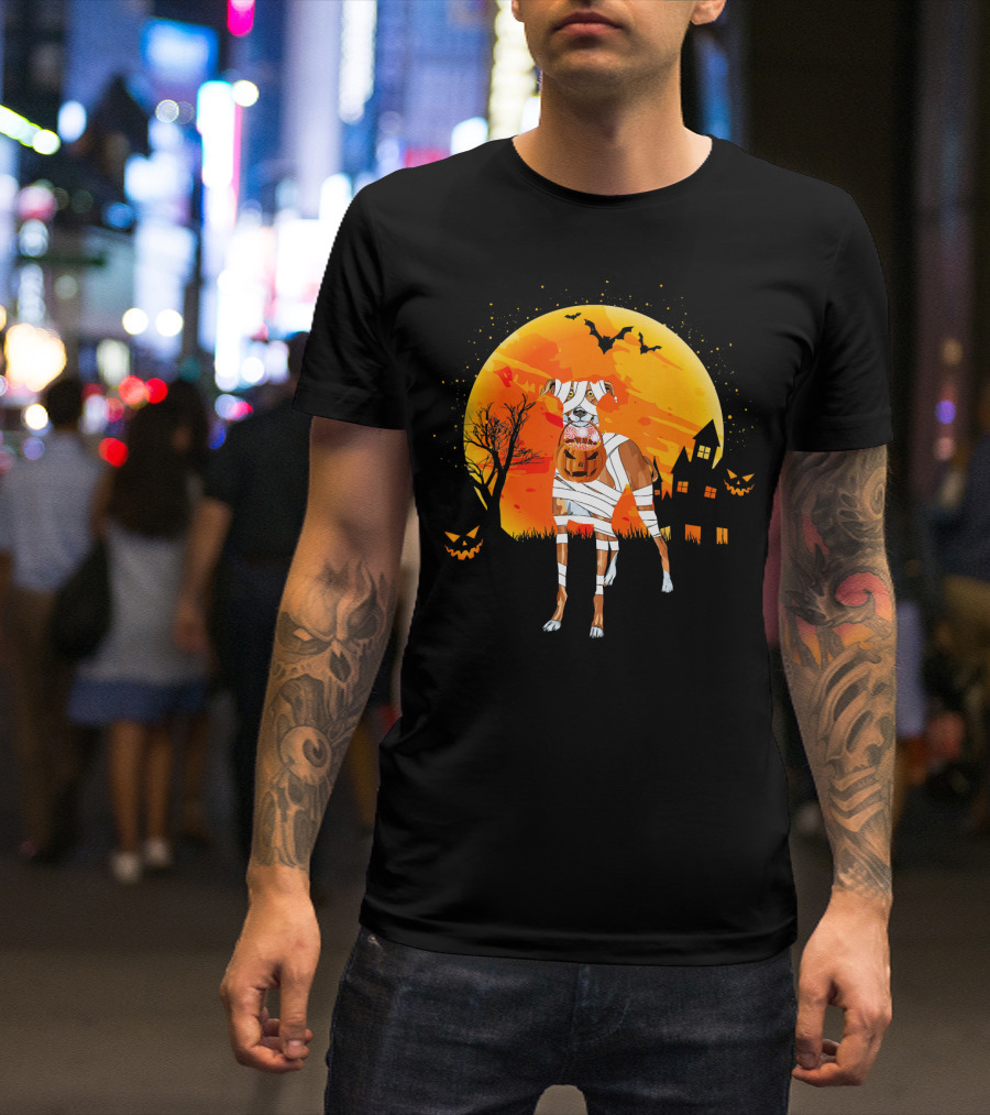 Greyhound Boo Halloween Dog Mummy With Pumpkin Against Full Moon And Haunted House T-Shirt