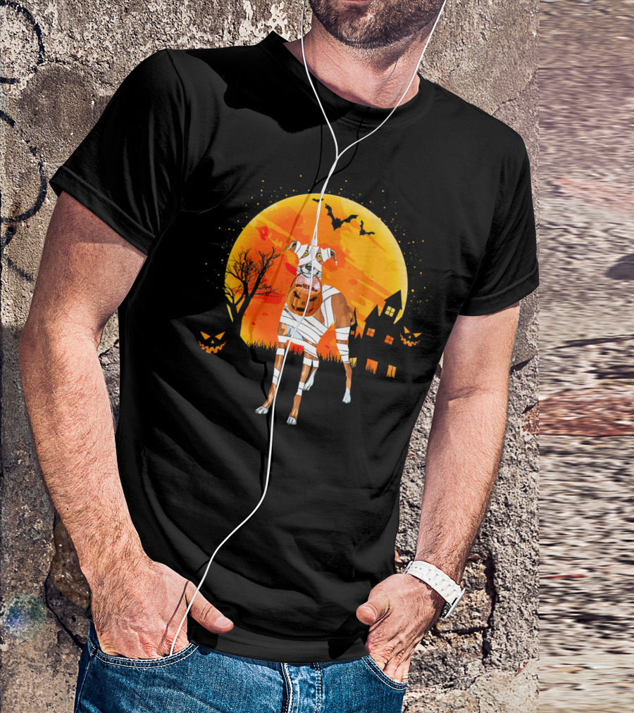 Greyhound Boo Halloween Dog Mummy With Pumpkin Against Full Moon And Haunted House T-Shirt