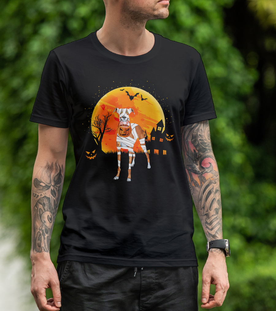 Greyhound Boo Halloween Dog Mummy With Pumpkin Against Full Moon And Haunted House T-Shirt