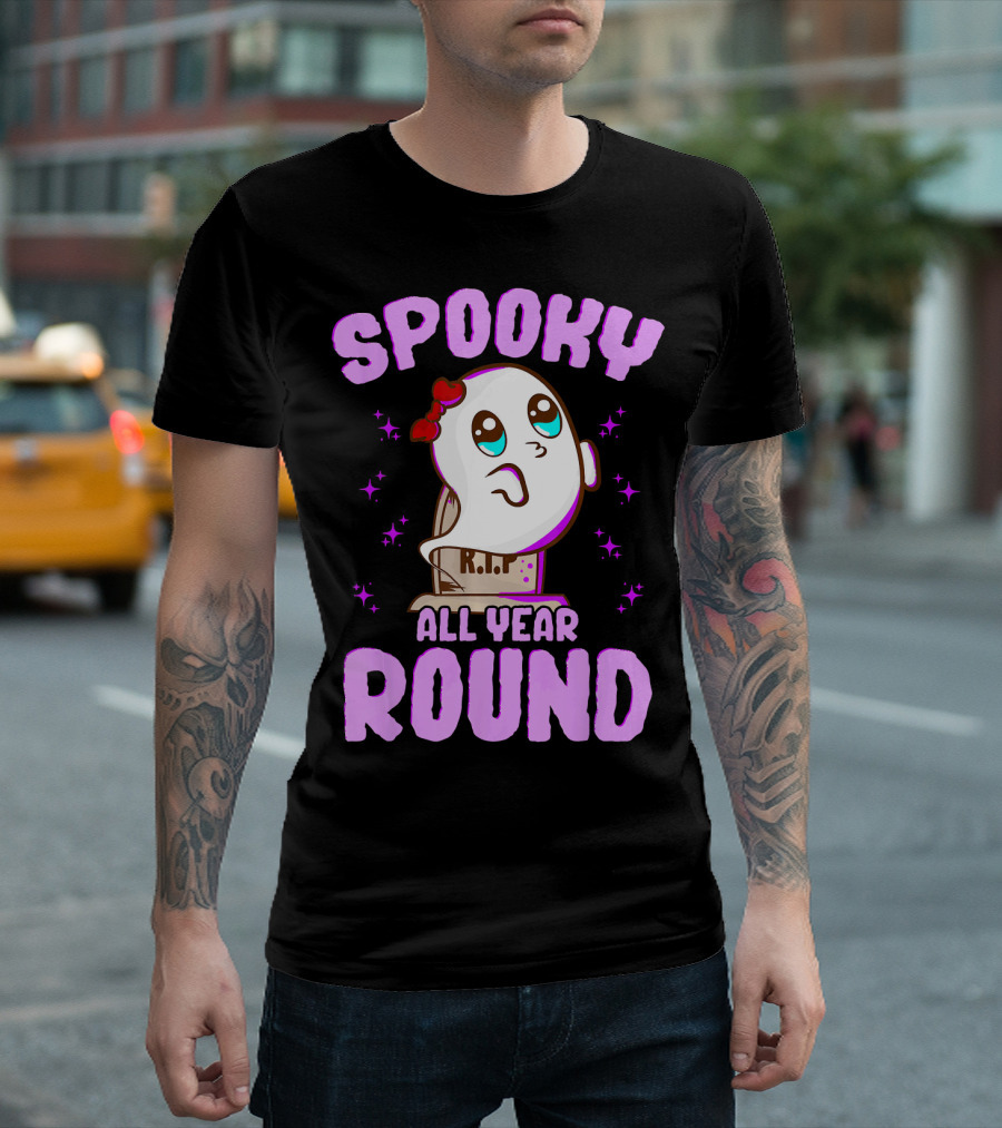 Spooky All Year Round Kawaii Ghost with Glittering Stars and Gravestone T-Shirt