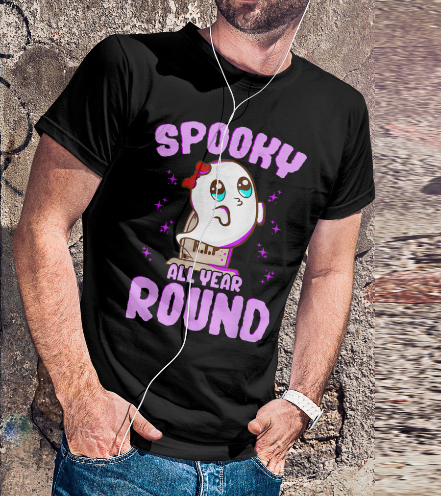 Spooky All Year Round Kawaii Ghost With Glittering Stars And Gravestone T-Shirt