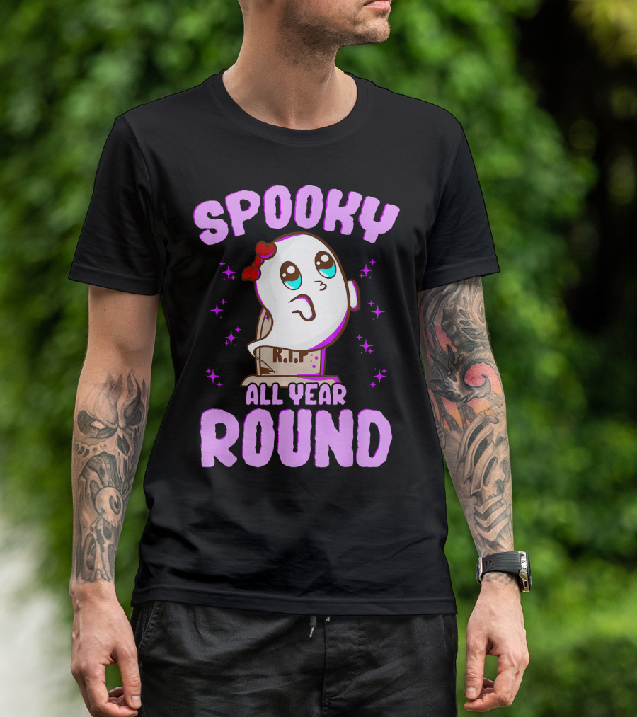 Spooky All Year Round Kawaii Ghost With Glittering Stars And Gravestone T-Shirt