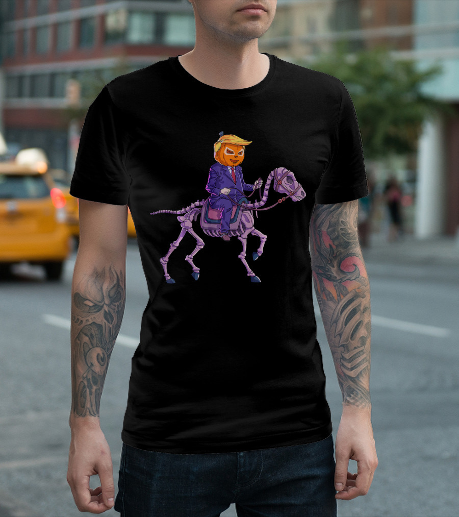 Halloween Trumpkin Riding Skeleton Horse T-Shirt