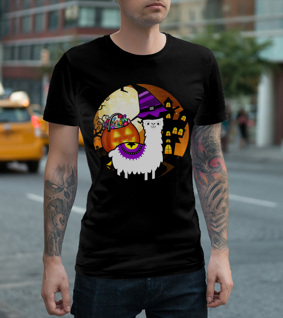 Halloween Llama Funny Alpaca with Witch Hat and Pumpkin House T-Shirt