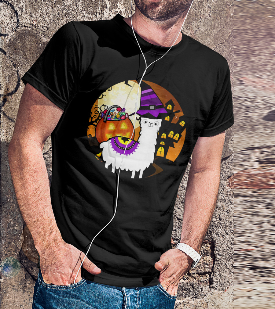 Halloween Llama Funny Alpaca With Witch Hat And Pumpkin House T-Shirt