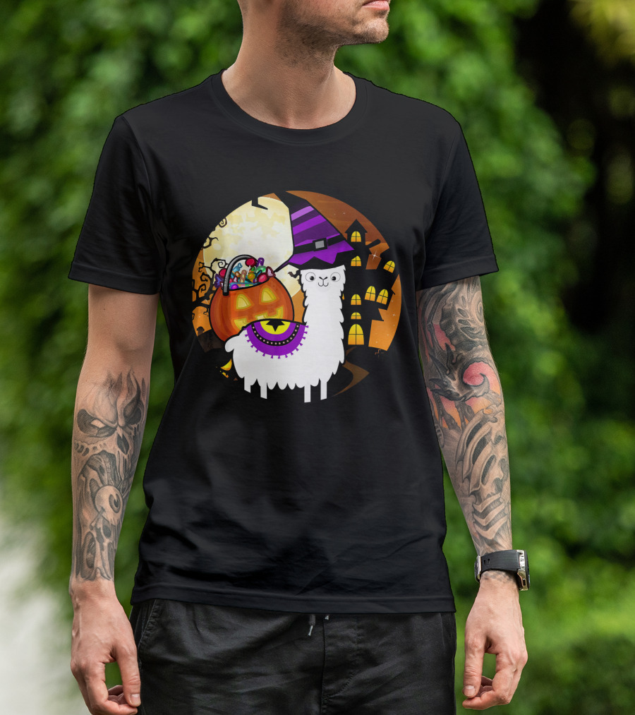 Halloween Llama Funny Alpaca With Witch Hat And Pumpkin House T-Shirt