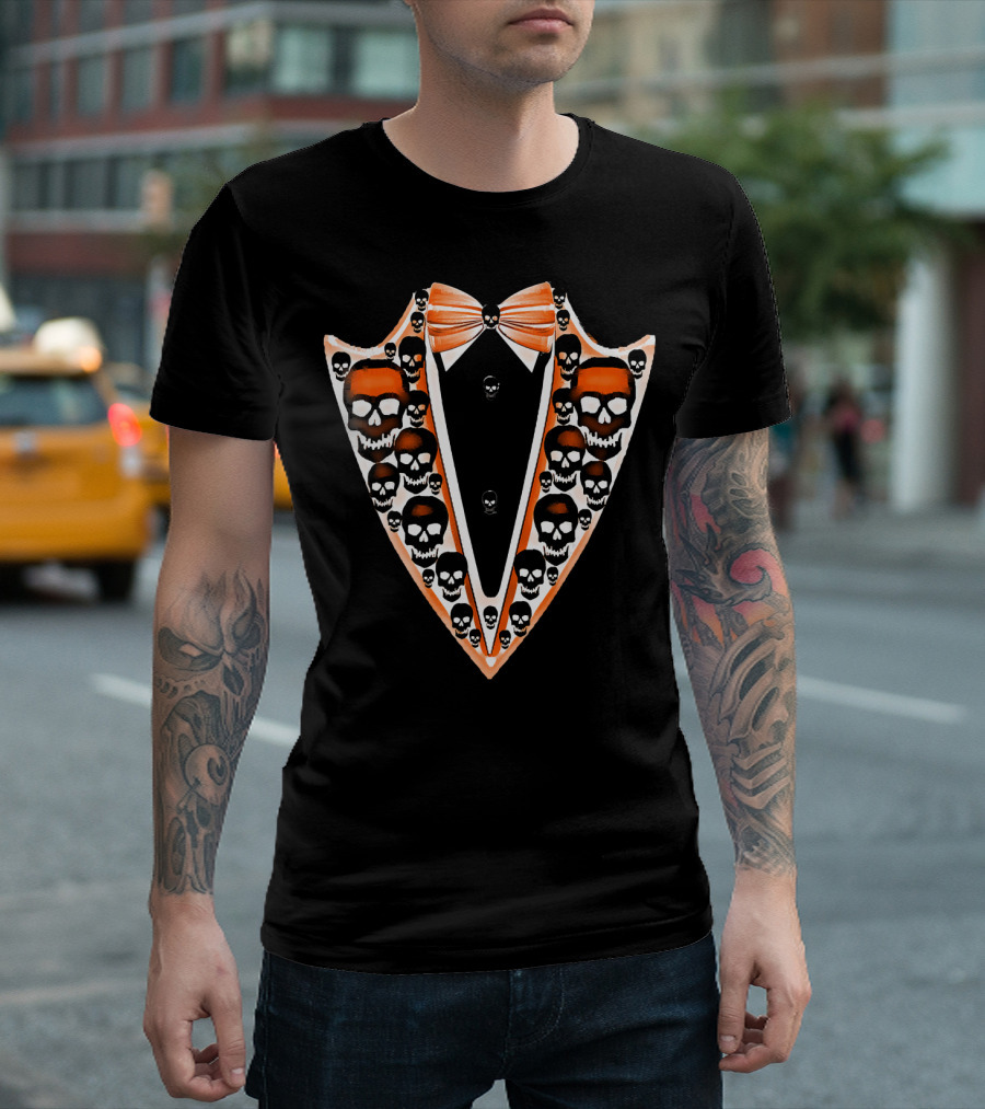 Tuxedo Skull Bowtie Pattern Orange and Black T-Shirt