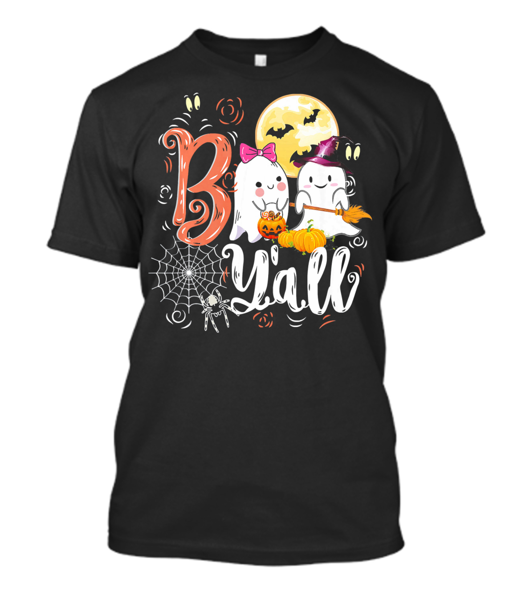 Boo Y’all Funny Ghosts With Pumpkin And Halloween Moon T-Shirt