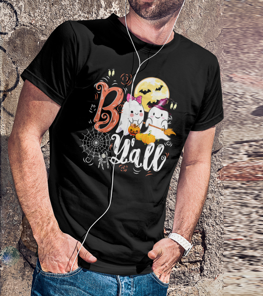 Boo Y’all Funny Ghosts With Pumpkin And Halloween Moon T-Shirt