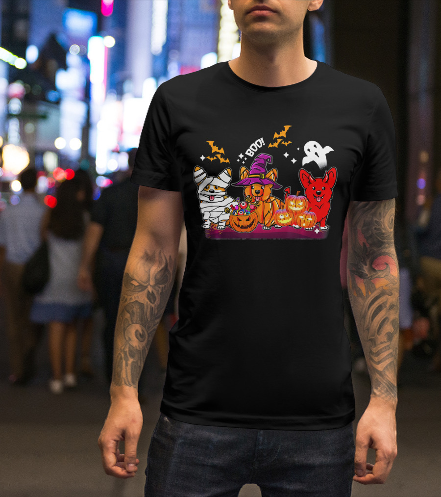 Halloween Three Corgis Witch Mummy Pumpkins Boo Ghost T-Shirt