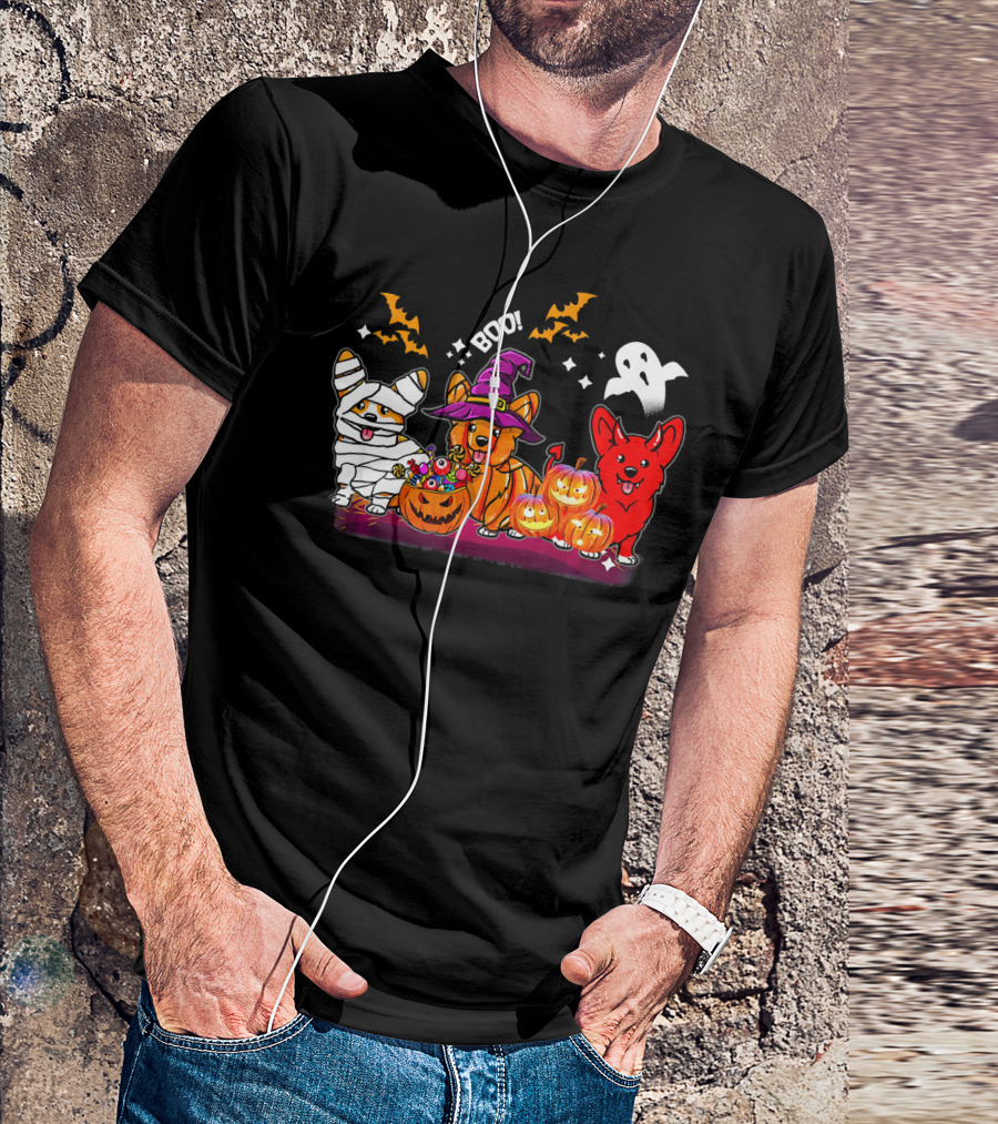 Halloween Three Corgis Witch Mummy Pumpkins Boo Ghost T-Shirt