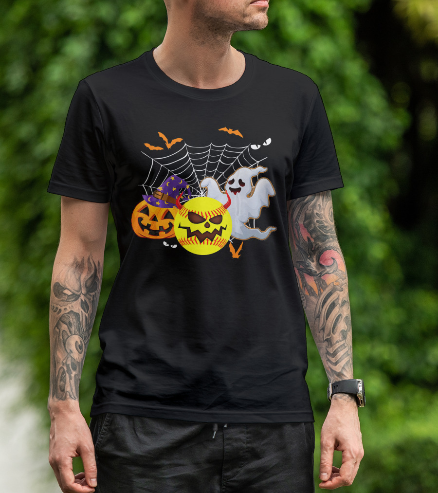 Halloween Softball Pumpkin Ghost Cobwebs And Bats Fun T-Shirt