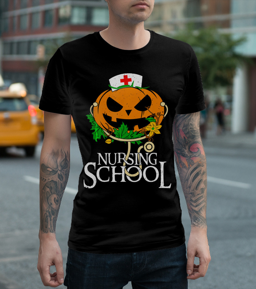 Nursing School Pumpkin With Stethoscope And Nurse Hat Jack-o'-Lantern T-Shirt