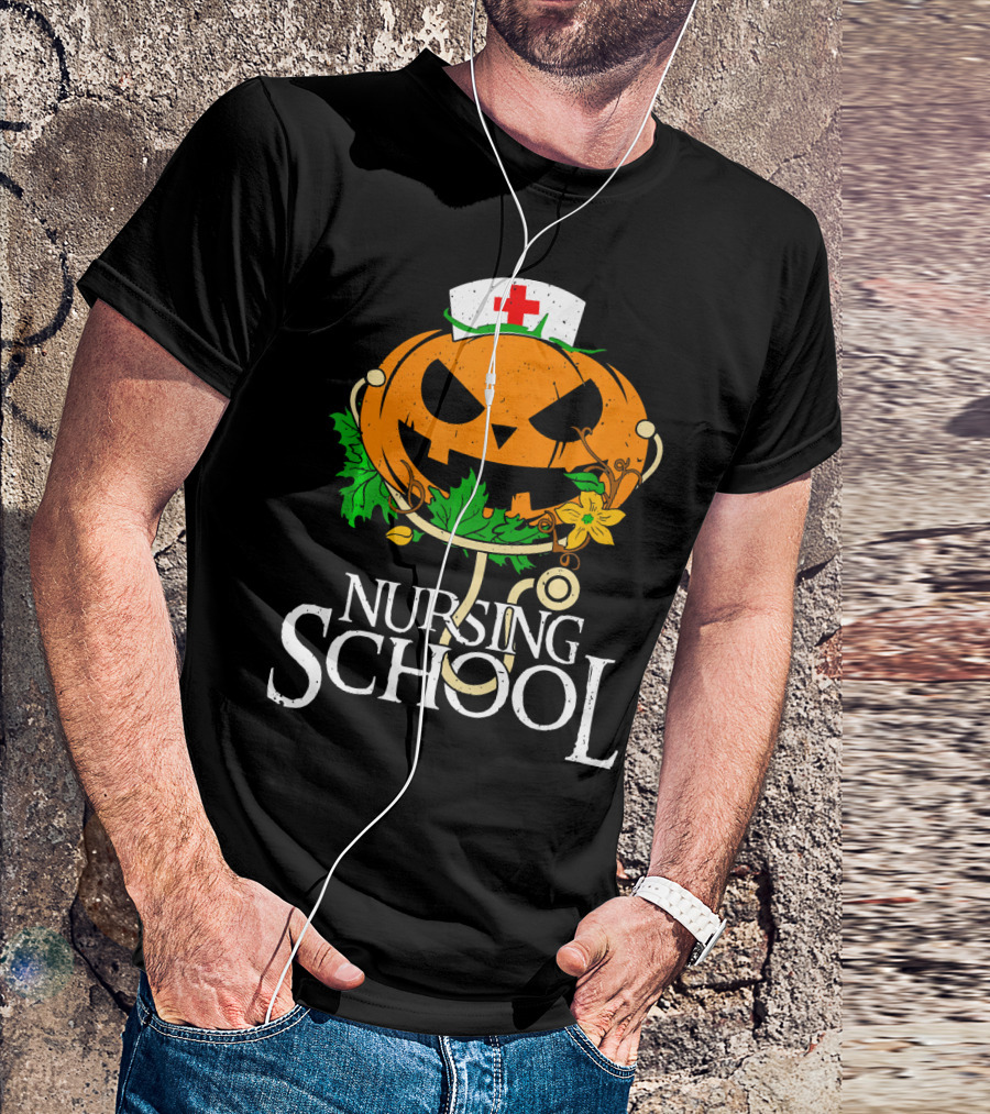 Nursing School Pumpkin With Stethoscope And Nurse Hat Jack-o'-Lantern T-Shirt