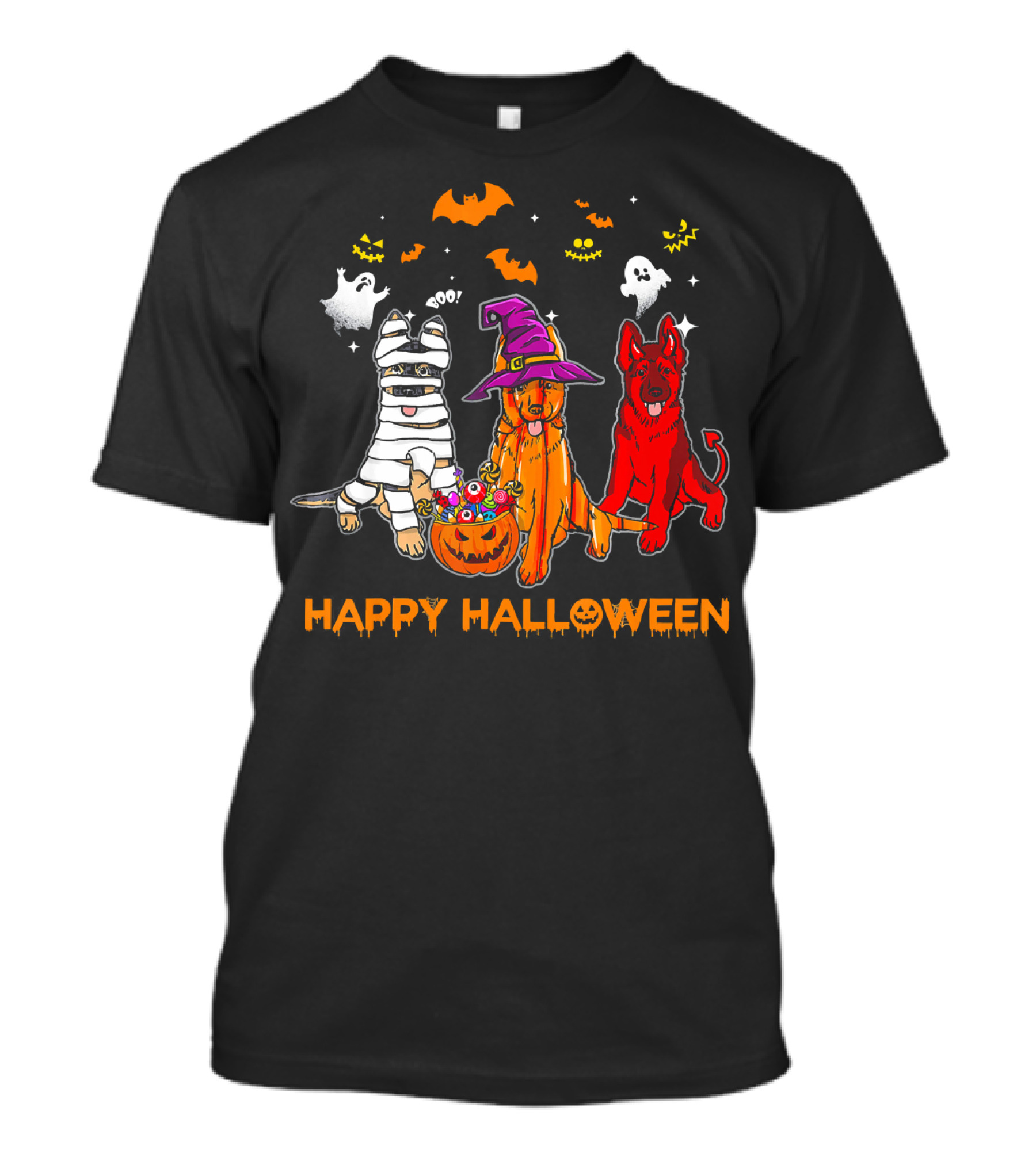 Happy Halloween Mummy Witch Devil Dogs With Ghosts And Bats T-Shirt