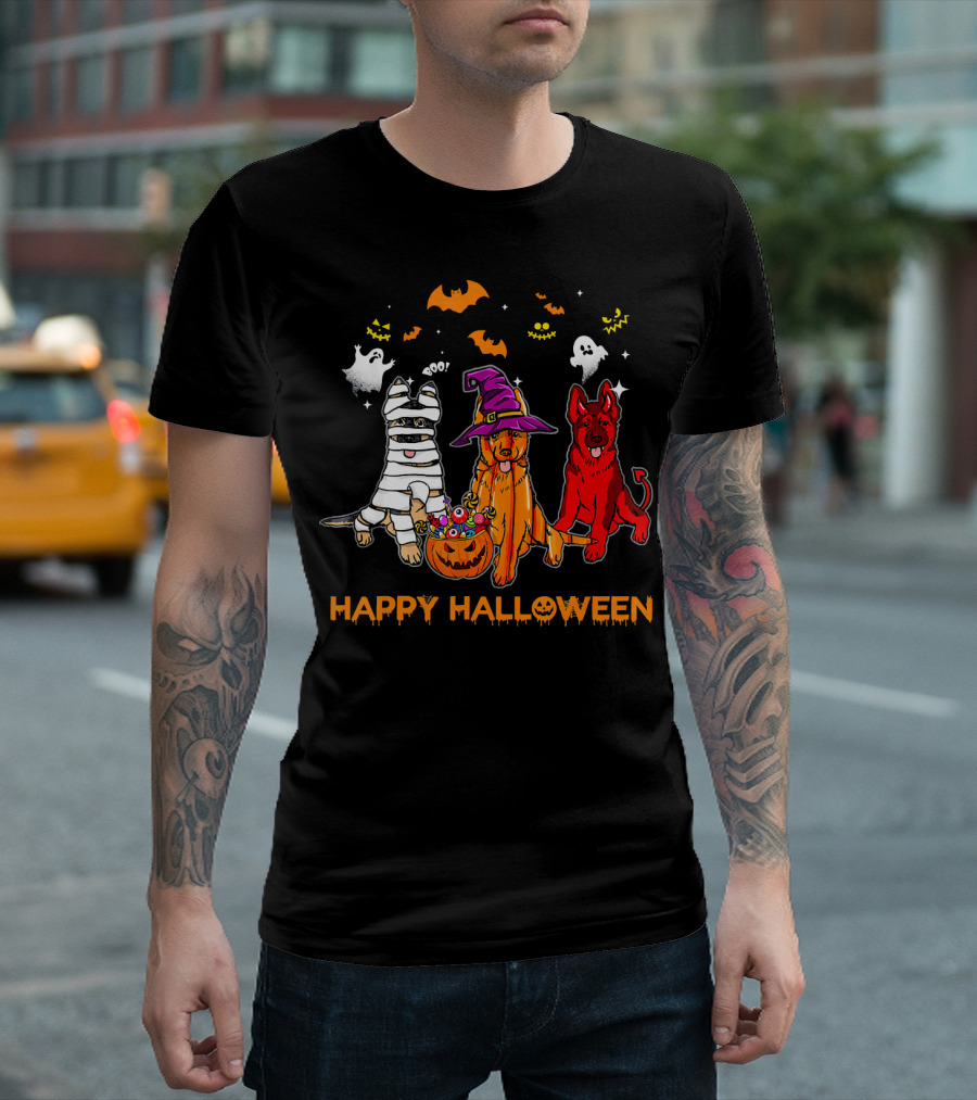 Happy Halloween Mummy Witch Devil Dogs with Ghosts and Bats T-Shirt