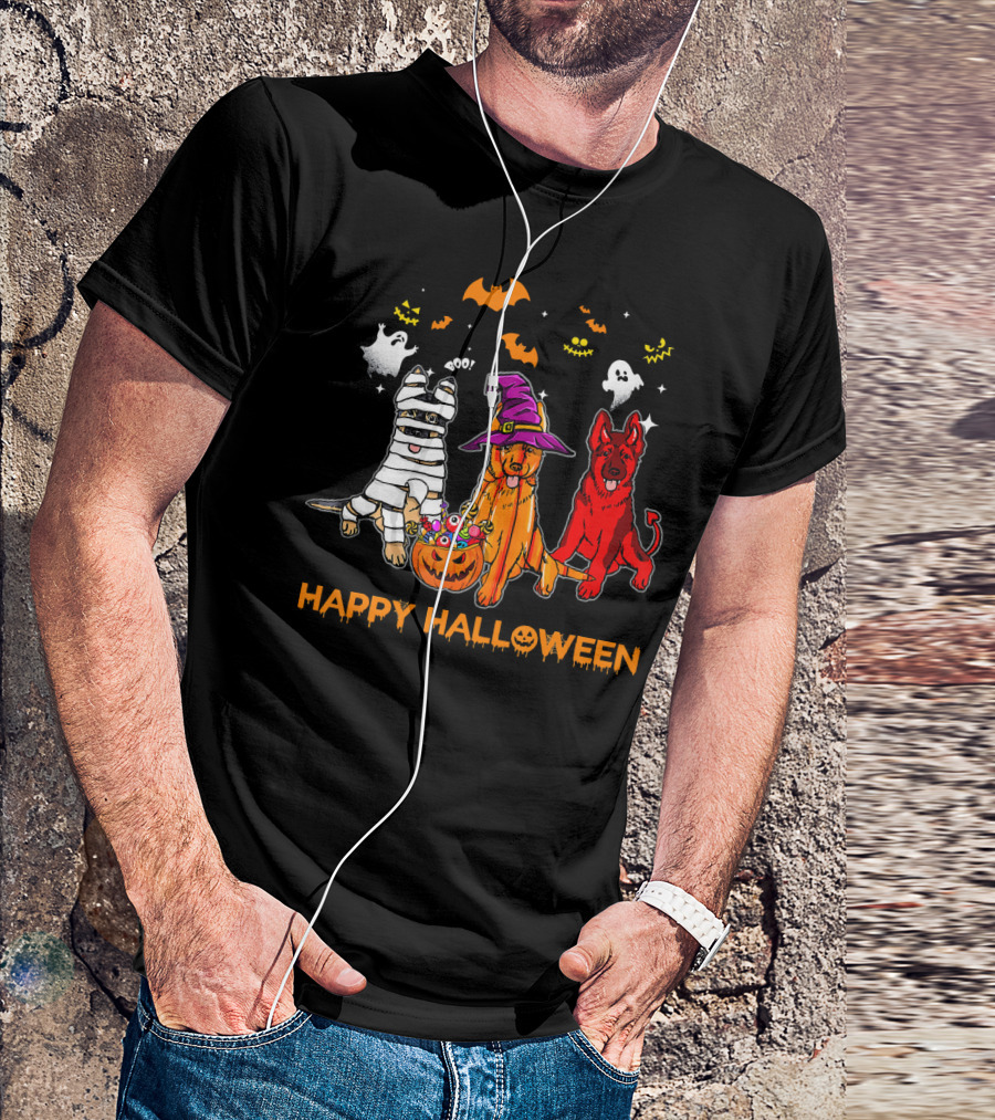 Happy Halloween Mummy Witch Devil Dogs With Ghosts And Bats T-Shirt