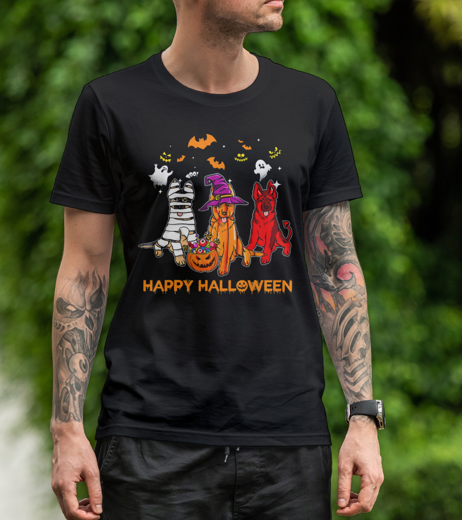 Happy Halloween Mummy Witch Devil Dogs With Ghosts And Bats T-Shirt