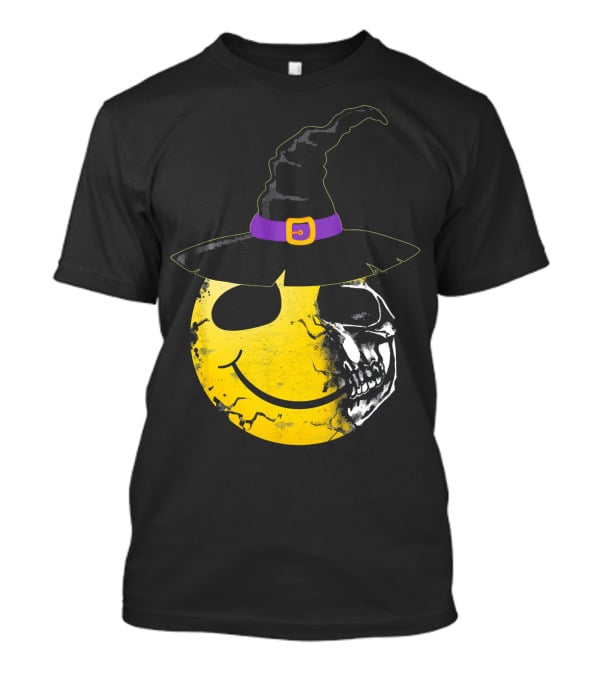 Halloween Witch Hat Smiley Half Skull Face T-Shirt