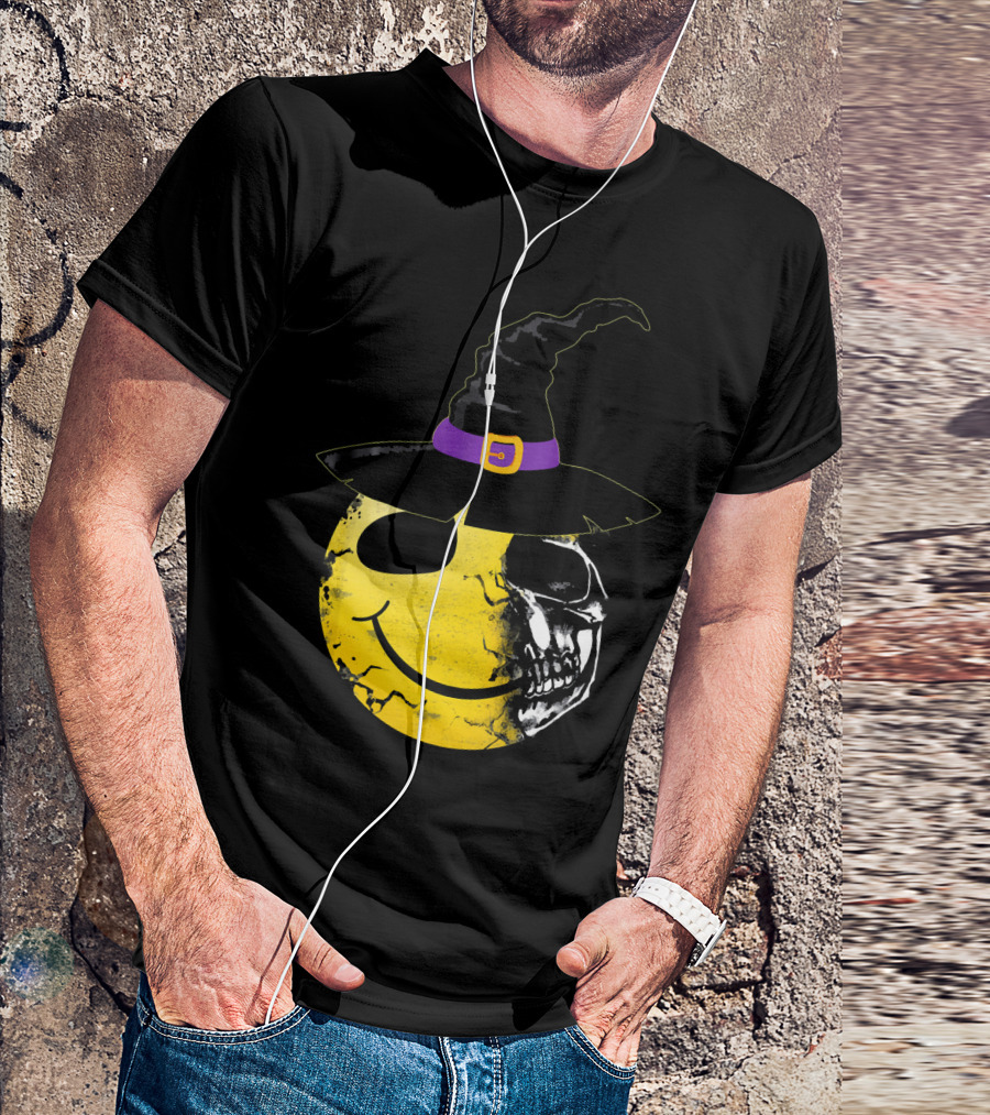 Halloween Witch Hat Smiley Half Skull Face T-Shirt