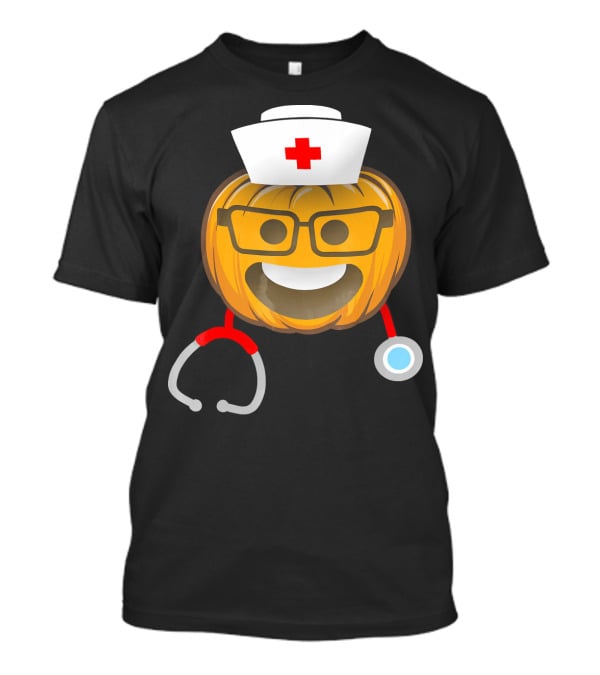 Nurse Halloween Pumpkin Emoji With Nerd Glasses And Stethoscope T-Shirt