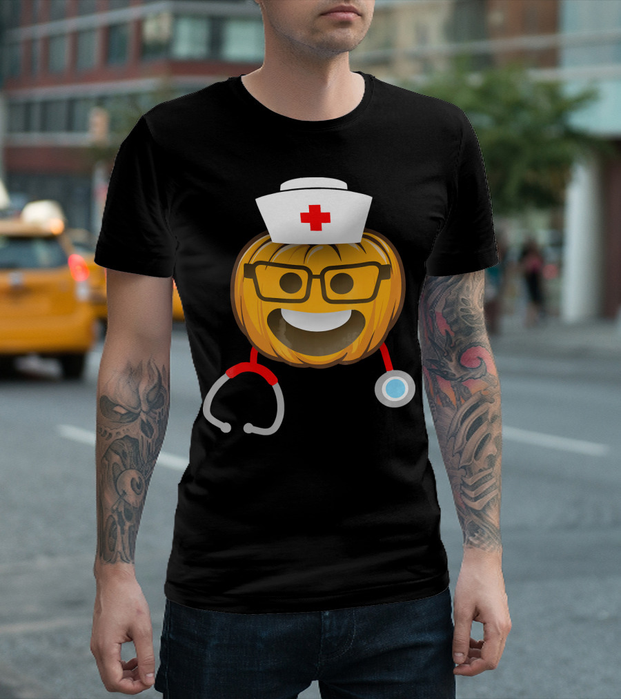 Nurse Halloween Pumpkin Emoji with Nerd Glasses and Stethoscope T-Shirt