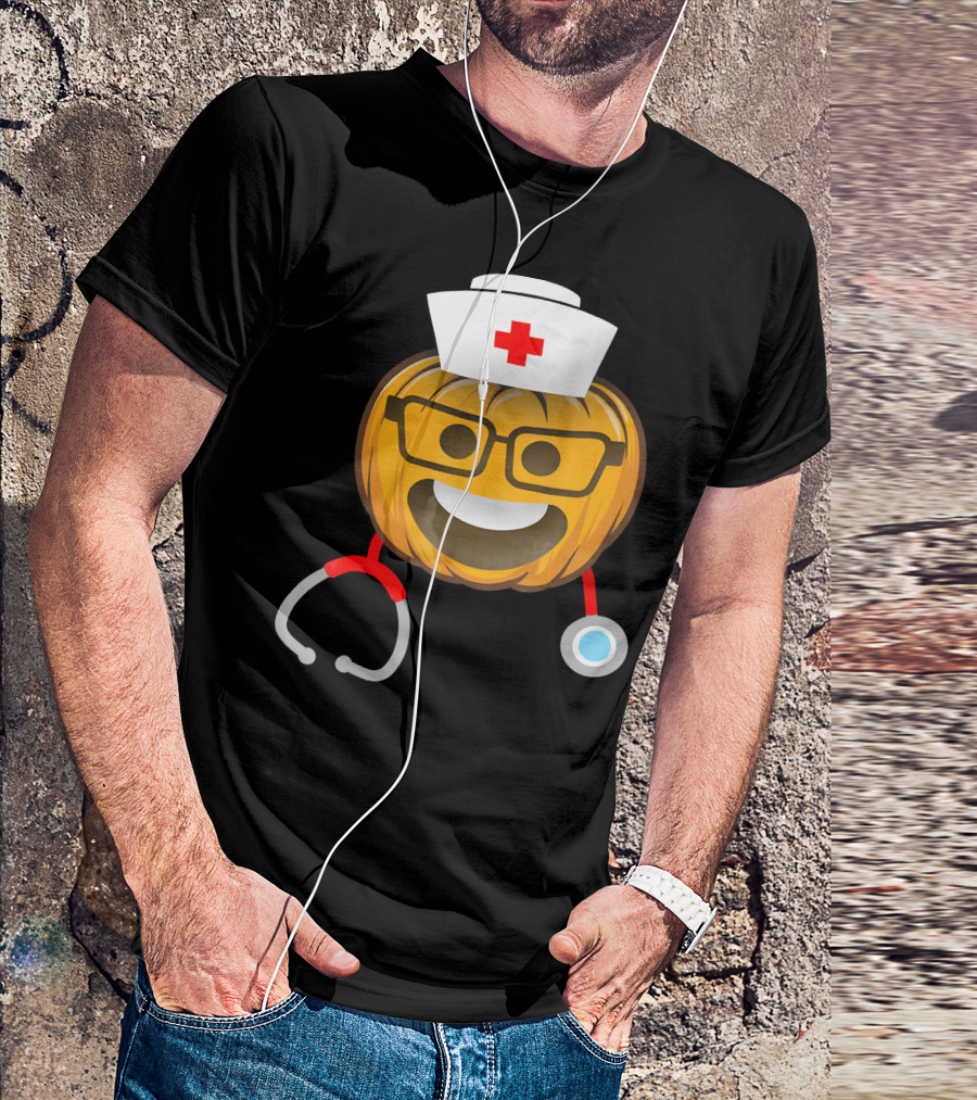 Nurse Halloween Pumpkin Emoji With Nerd Glasses And Stethoscope T-Shirt